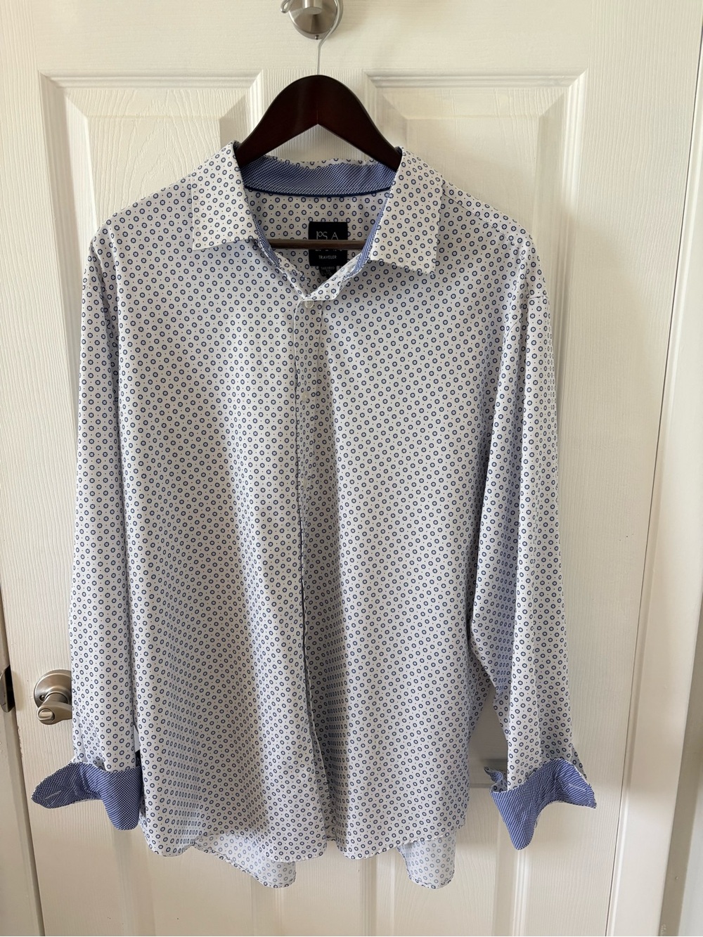 Jos. A. Bank Traveler White Dress Shirt with Blue Micro Circle Pattern